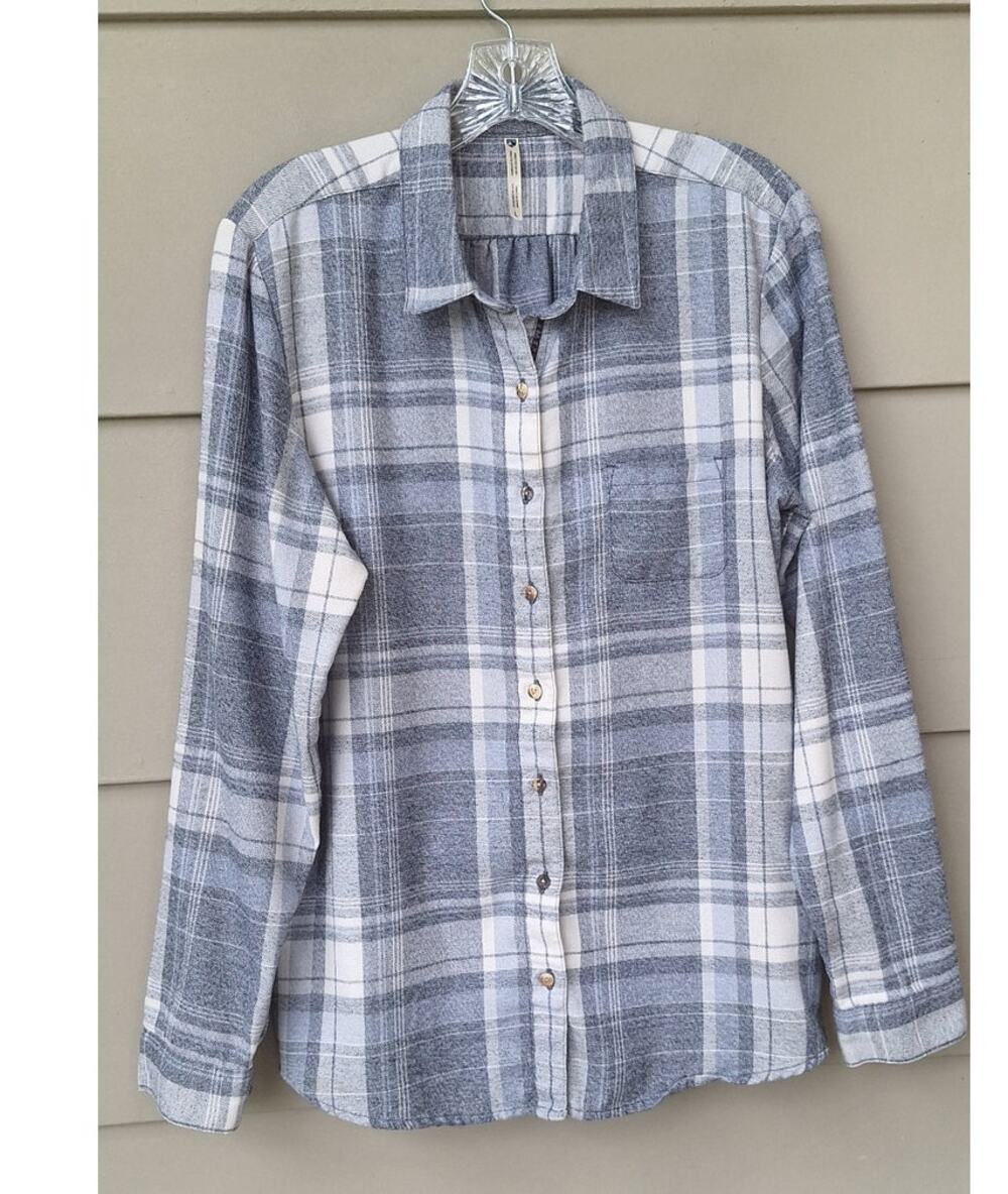 Kuhl Womens Kamila Flannel Shirt Plaid Blue Gray Brushed Cotton Blend  L Casual